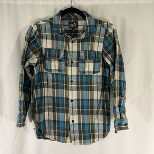Pure Stuff Flannel Shirt Boys Medium 10/12 Blue Plaid Button Down Long Sleeve